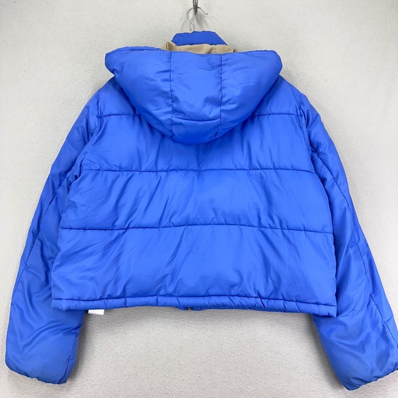 Pilcro Anthropologie Puffer Jacket Womens L Blue Hooded Full Zip Semi Cropped - Picture 2 of 7